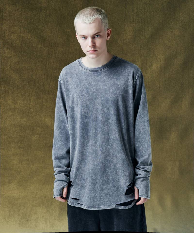 【予約商品】glamb(グラム) Damage Cutsew / ダメージカットソー - Gray