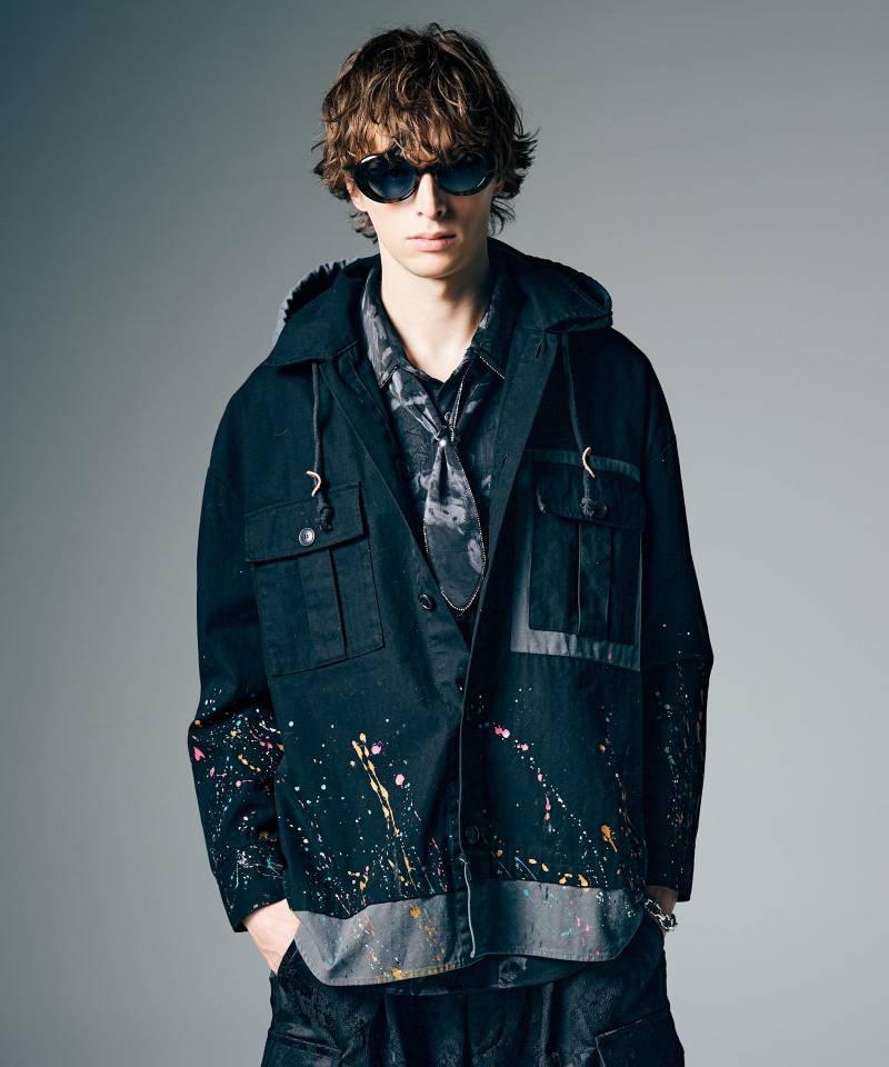 【予約商品】glamb(グラム) Remake Hood Military Shirt / リメイクフードミリタリーシャツ - Black