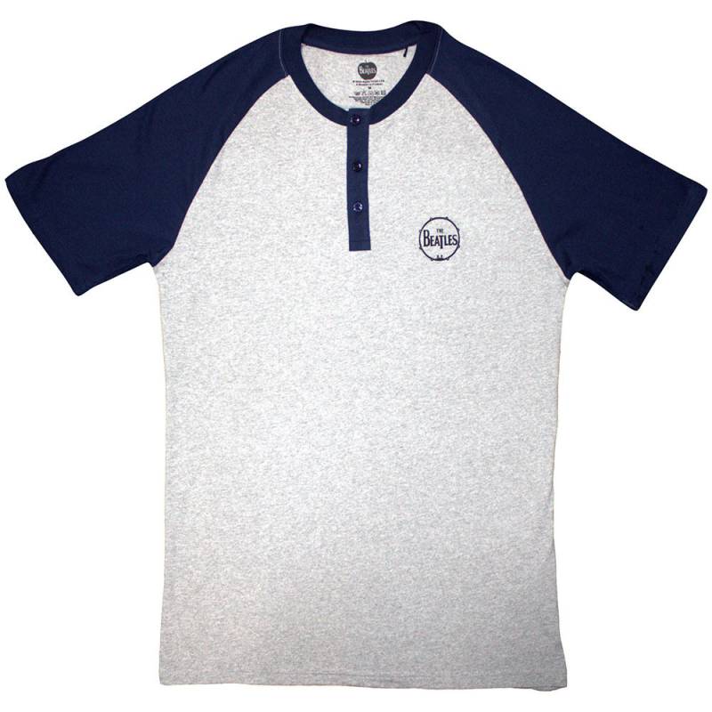 【予約商品】THE BEATLES Unisex Raglan バンドTシャツ: Mini Drum Logo (Grey & Navy Blue) (3 Button Collar)
