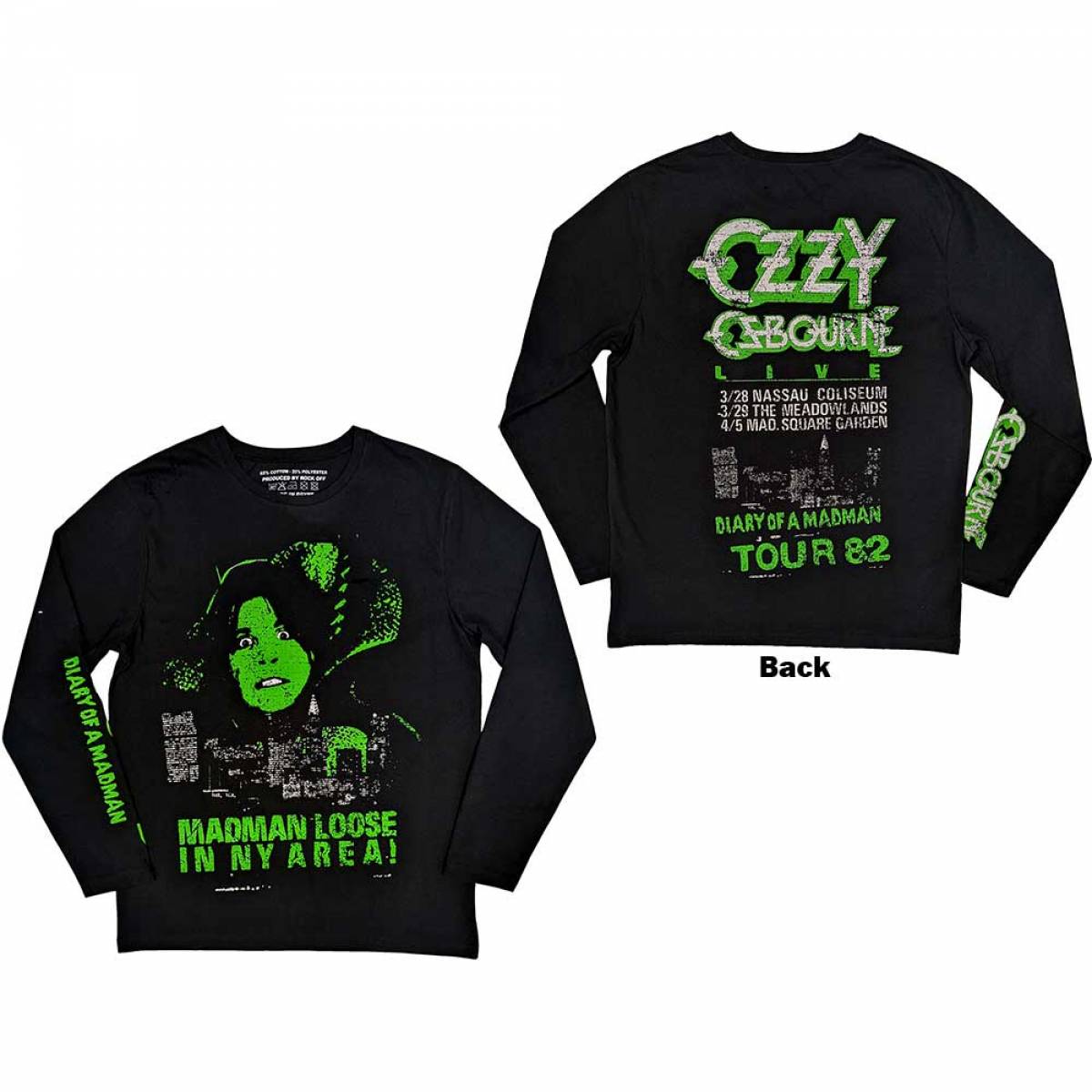 【予約商品】OZZY OSBOURNE Unisex Long Sleeve バンドTシャツ: Madman Loose (Black) (Back & Sleeve Print) - BLACK