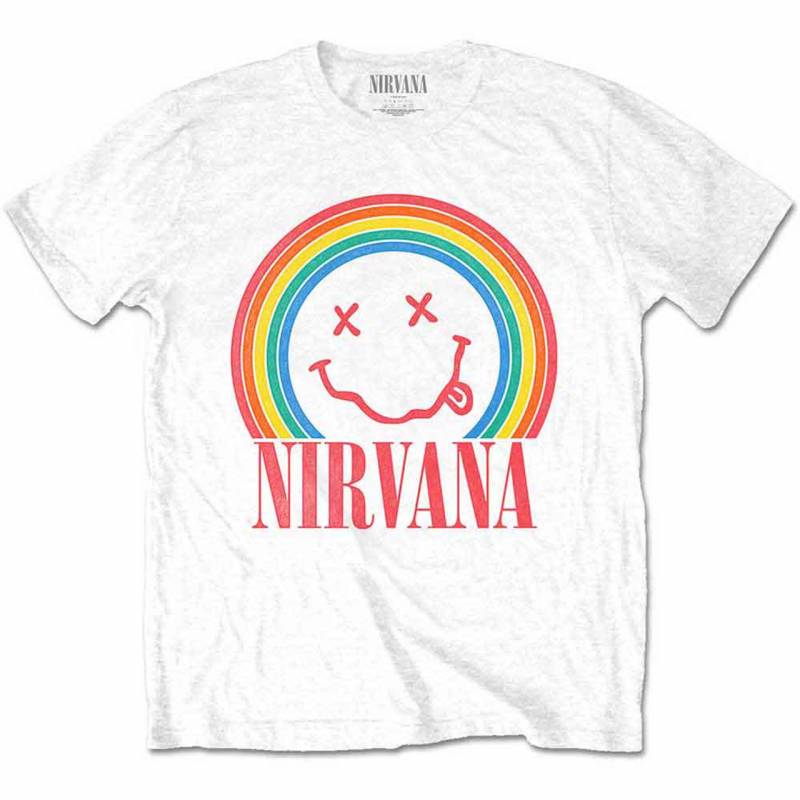 【予約商品】NIRVANA バンドTシャツ ユニセックス: Happy Face Rainbow (White)