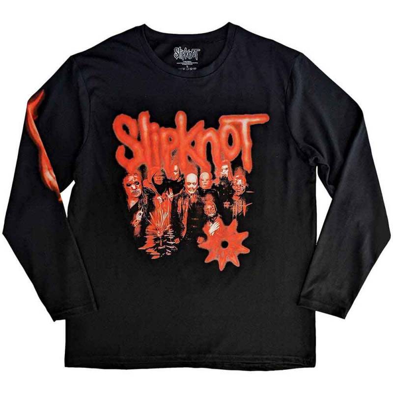 【予約商品】SLIPKNOT Unisex Long Sleeve バンドTシャツ: The End, So Far Group Photo Tribal-S Nonagram (Black) (Back & Sleeve Print) - BLACK