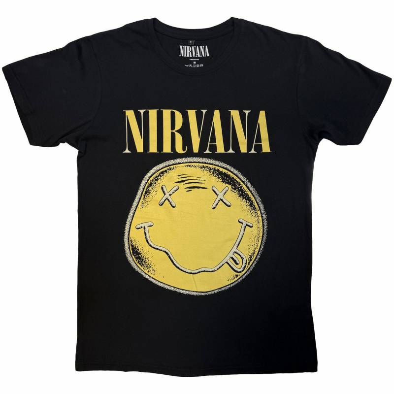 【予約商品】NIRVANA Unisex Premium Carbon バンドTシャツ: Happy Face Infill Distressed (Black)