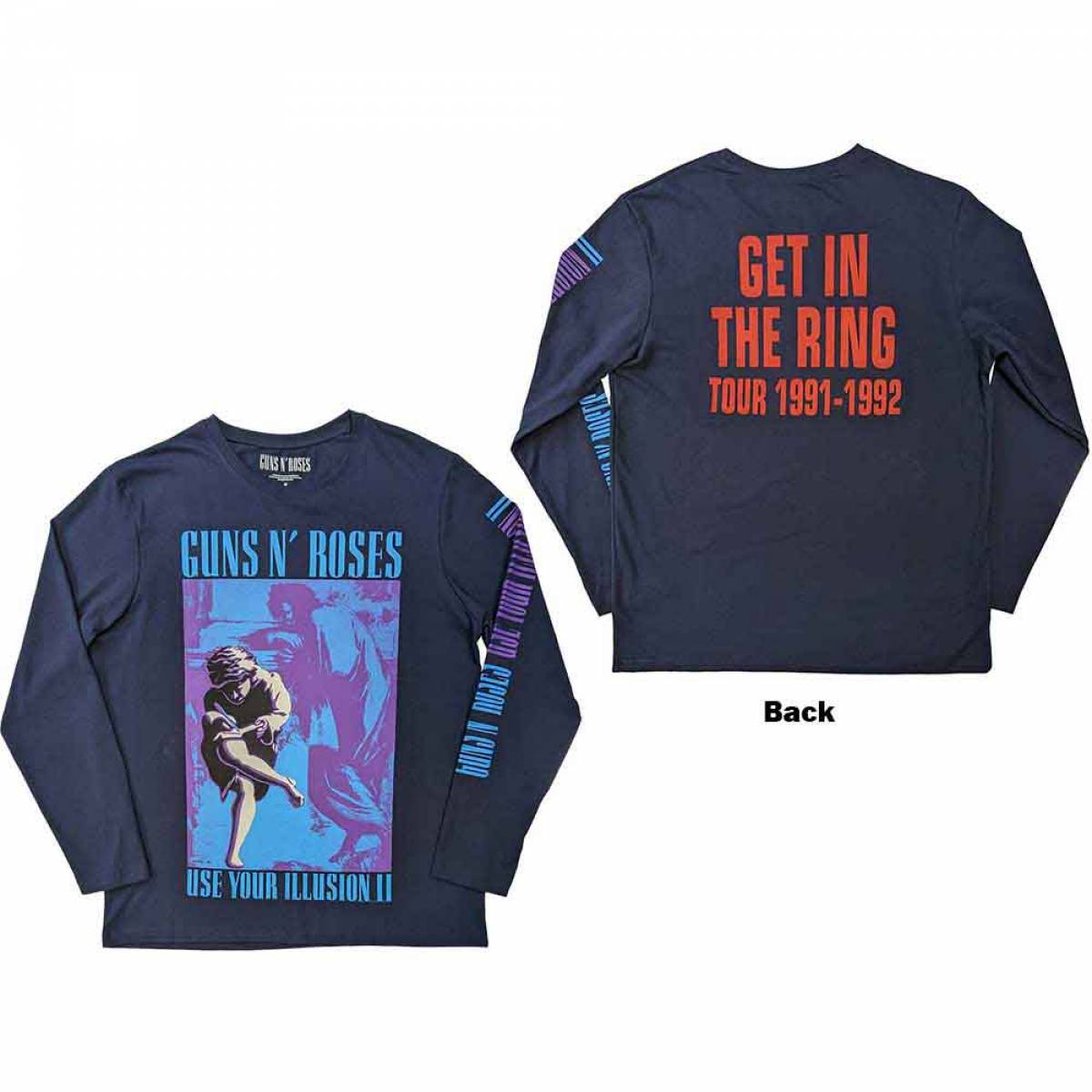 【予約商品】GUNS N' ROSES Unisex Long Sleeve バンドTシャツ: Get In The Ring Tour '91-'92 (Navy Blue) (Back & Sleeve Print) - NAVY BLUE