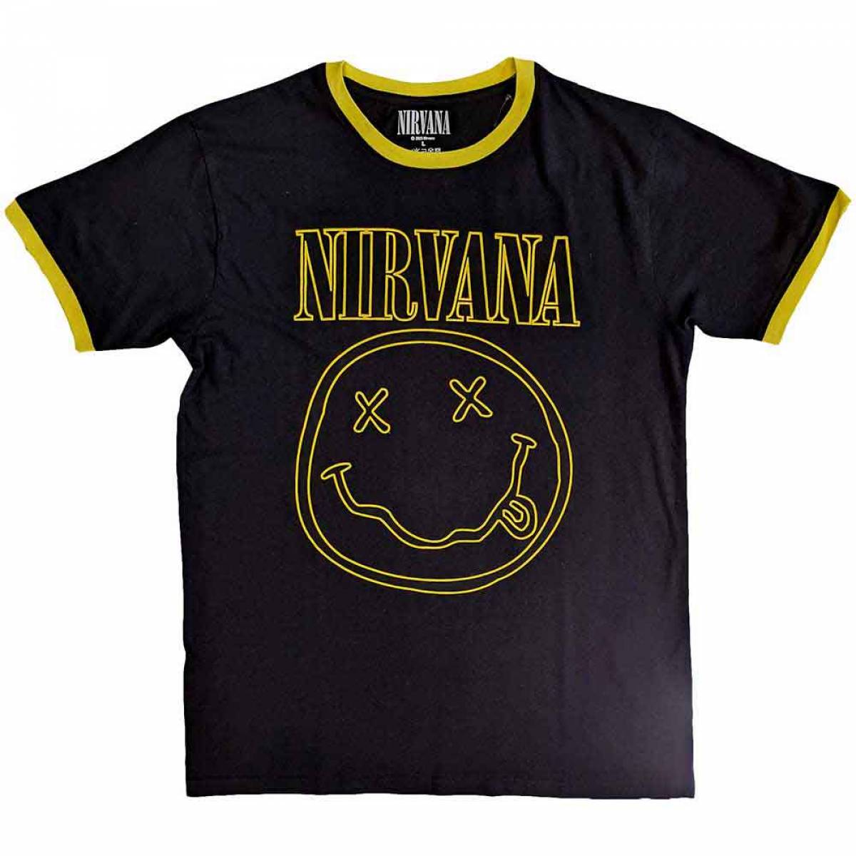 【予約商品】NIRVANA Unisex Ringer バンドTシャツ: Outline Happy Face (Black) - BLACK