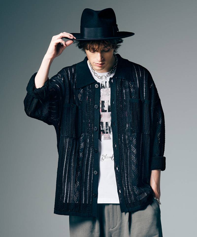 【予約商品】glamb(グラム) Openwork Knit Shirt / オープンワークニットシャツ - Black