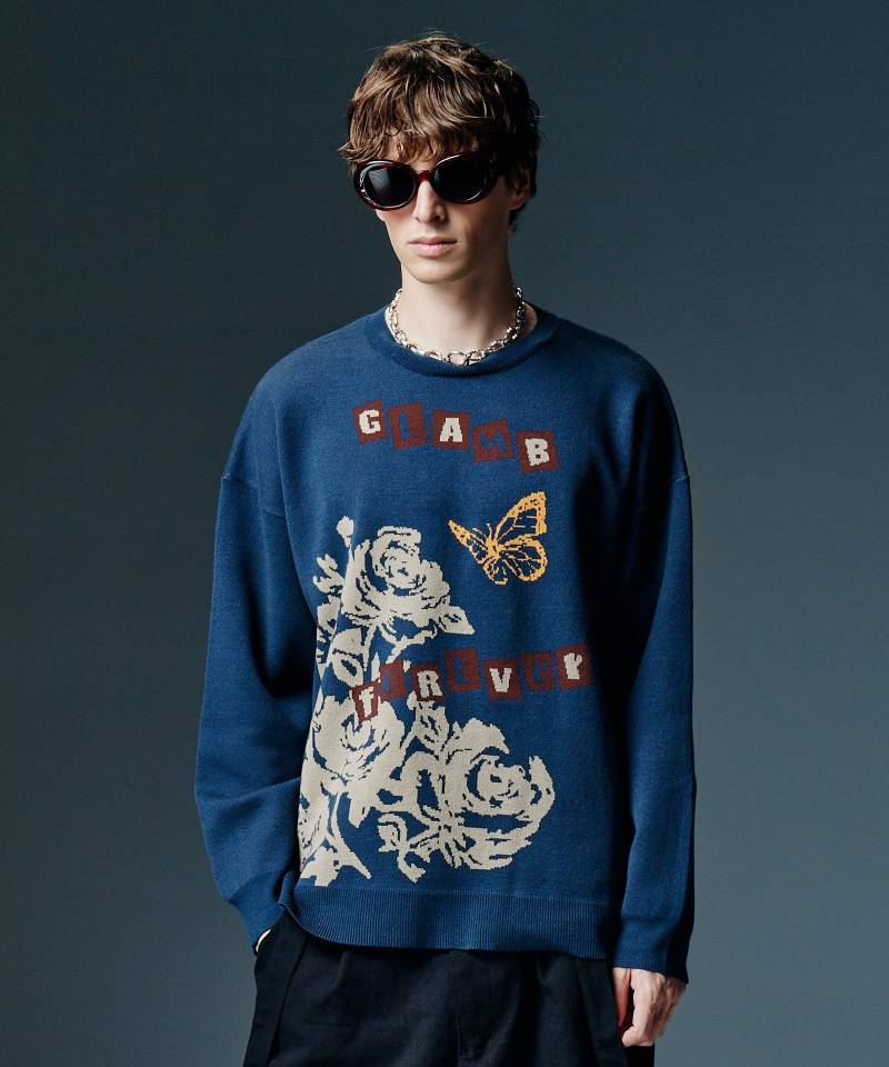 【予約商品】glamb(グラム) Punk Graphic Pullover Knit / パンクグラフィックプルオーバーニット - Navy