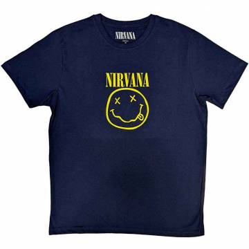 【予約商品】NIRVANA バンドTシャツ ユニセックス: Yellow Happy Face (Navy Blue) - NAVY BLUE