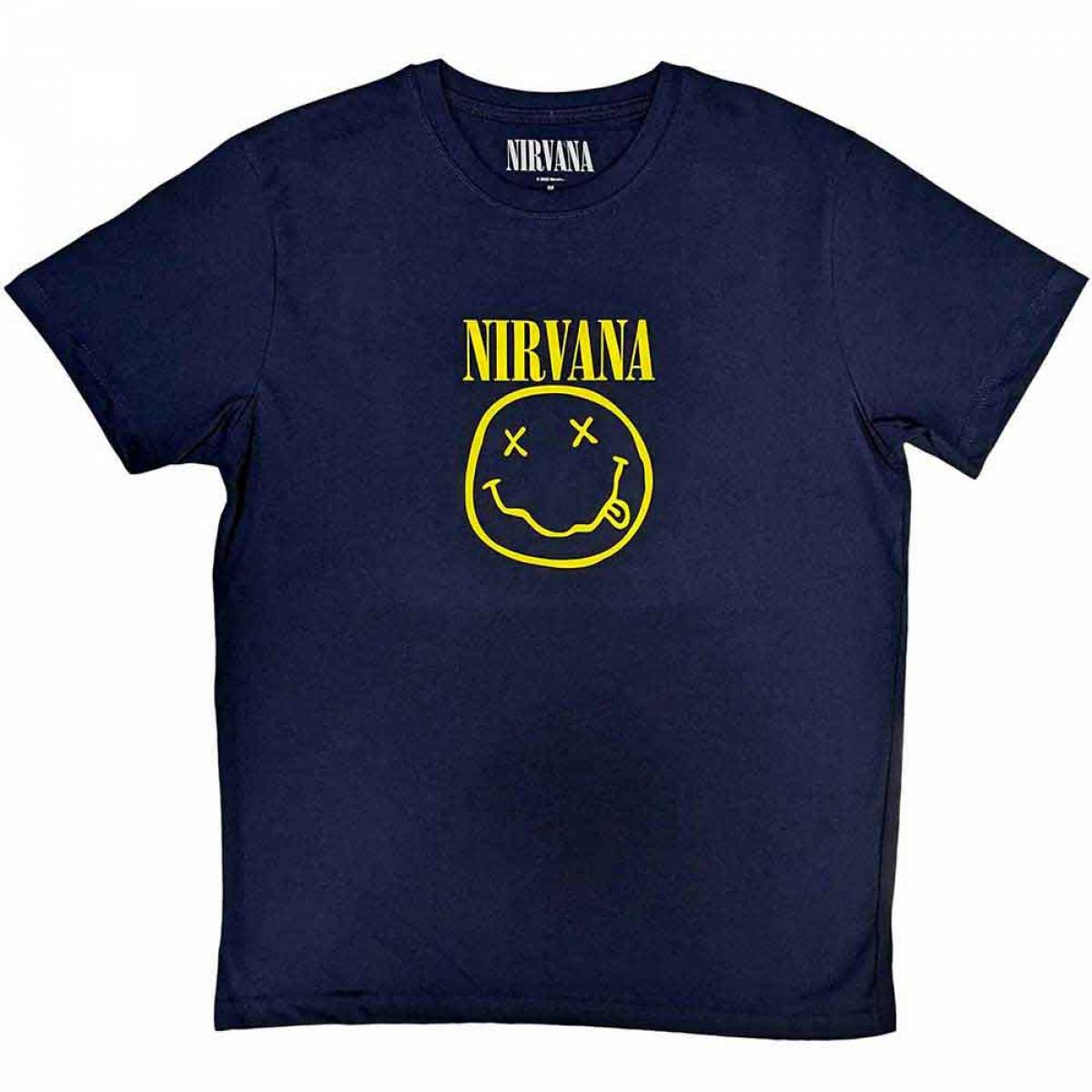 【予約商品】NIRVANA バンドTシャツ ユニセックス: Yellow Happy Face (Navy Blue) - NAVY BLUE