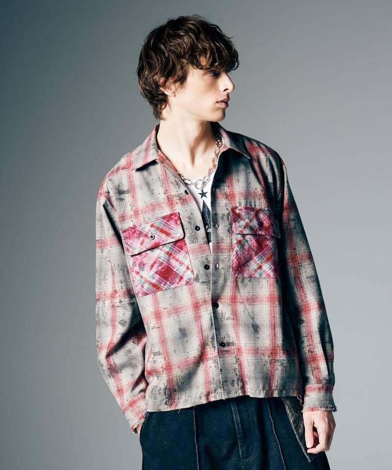 【予約商品】glamb(グラム) Grunge Stain Check Shirt / グランジステインチェックシャツ - Red