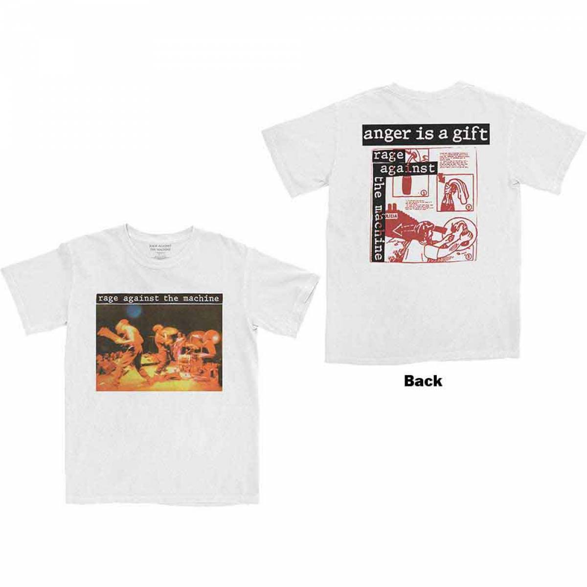 RAGE AGAINST THE MACHINE バンドTシャツ ユニセックス: Anger Is A Gift (Back Print) - WHITE