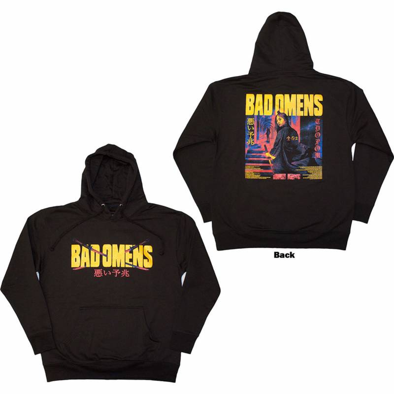 BAD OMENS Unisex Pullover Hoodie: Samurai Woman (Black) (Back Print)