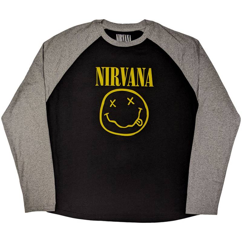 【予約商品】NIRVANA Unisex Raglan バンドTシャツ: Yellow Happy Face (Black & Grey)