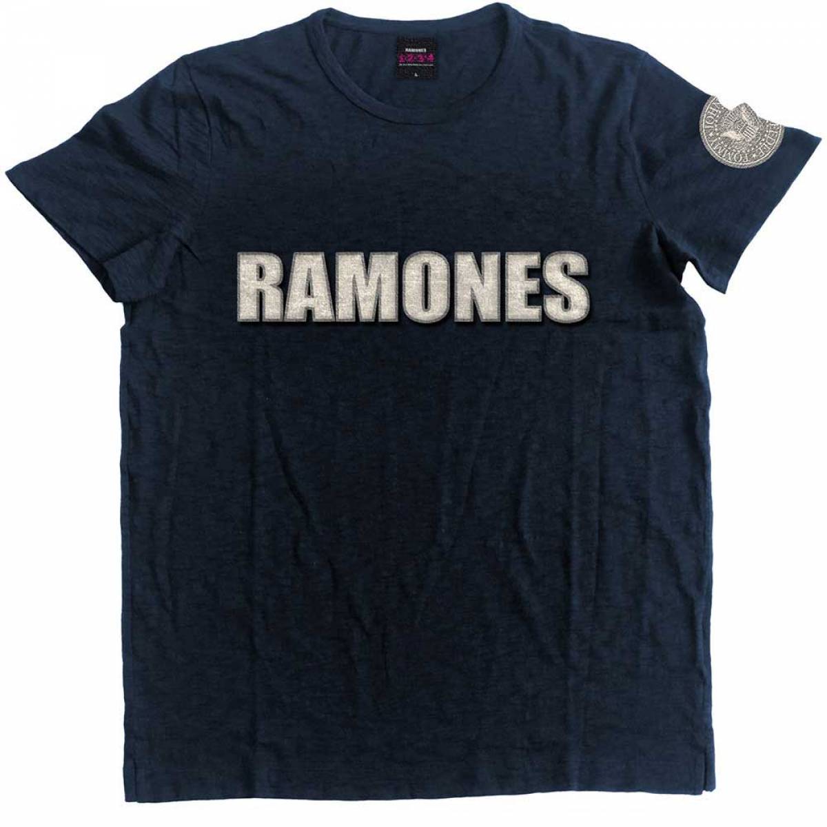 【予約商品】RAMONES バンドTシャツ ユニセックス: Logo & Presidential Seal Applique (Navy Blue) (Embellished) - NAVY BLUE