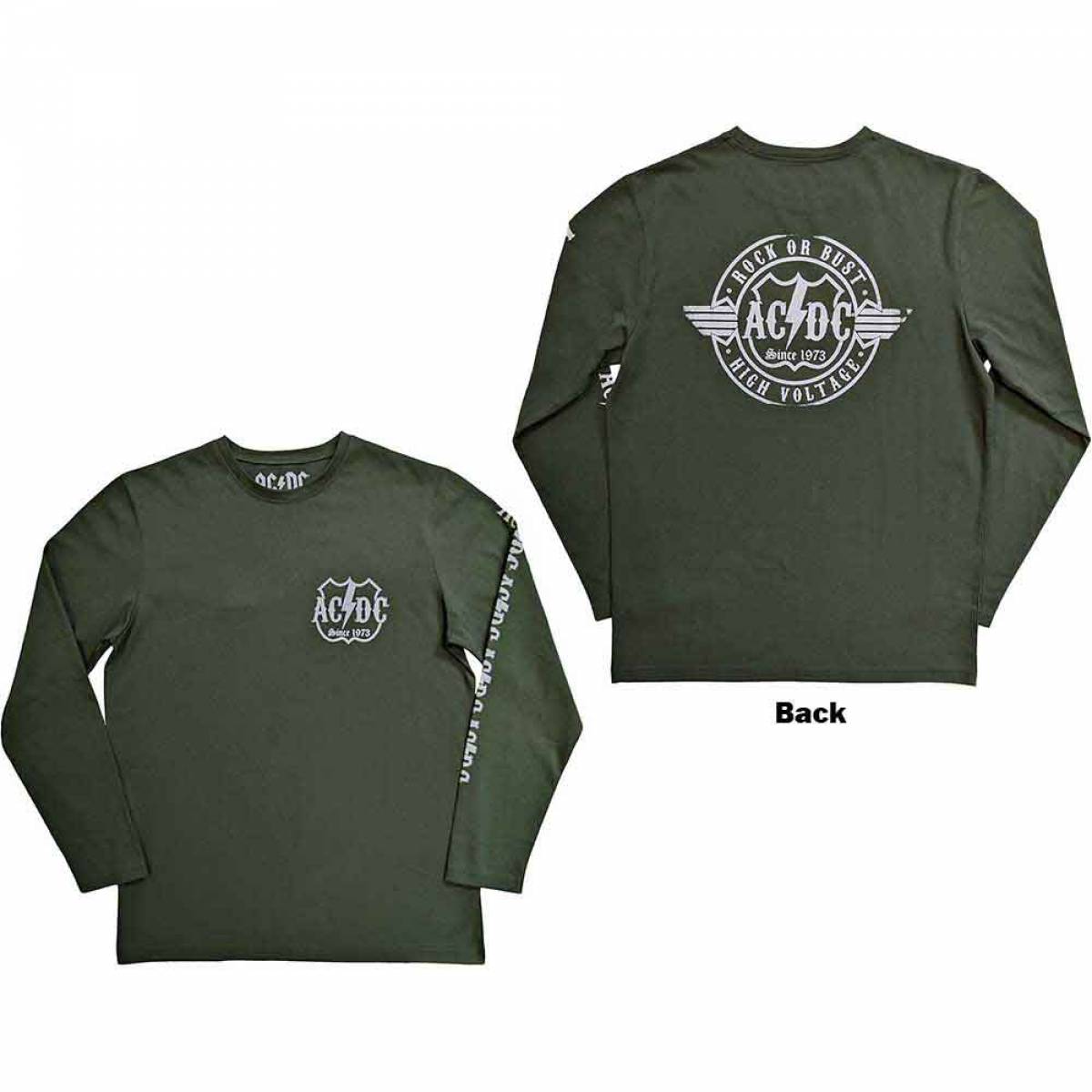 【予約商品】AC/DC Unisex Long Sleeve バンドTシャツ: Rock Or Bust (Green) (Back & Sleeve Print) - GREEN