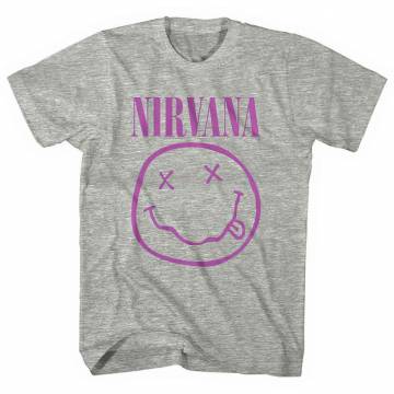 【予約商品】NIRVANA バンドTシャツ ユニセックス: Purple Happy Face (Grey) - GREY