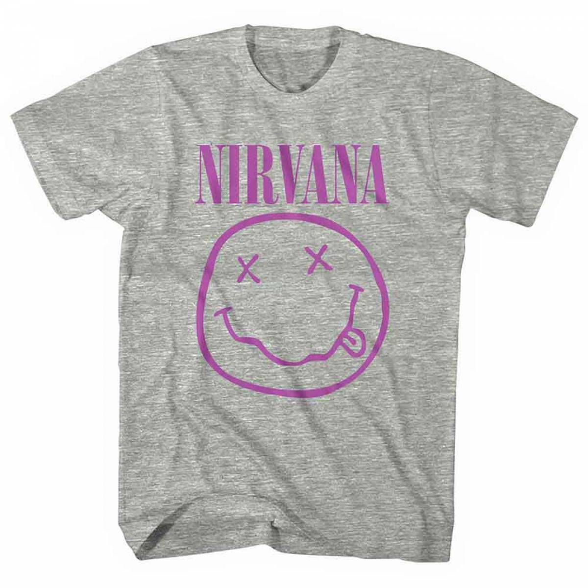 【予約商品】NIRVANA バンドTシャツ ユニセックス: Purple Happy Face (Grey) - GREY