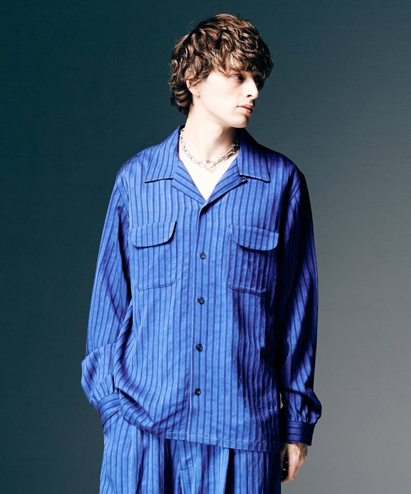 【予約商品】glamb(グラム)Stripe Jacquard Linen Shirt / ストライプジャガードリネンシャツ - Blue
