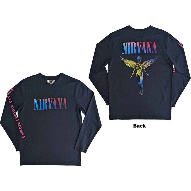【予約商品】NIRVANA Unisex Long Sleeve バンドTシャツ: Angelic Gradient (Navy Blue) (Back & Sleeve Print)