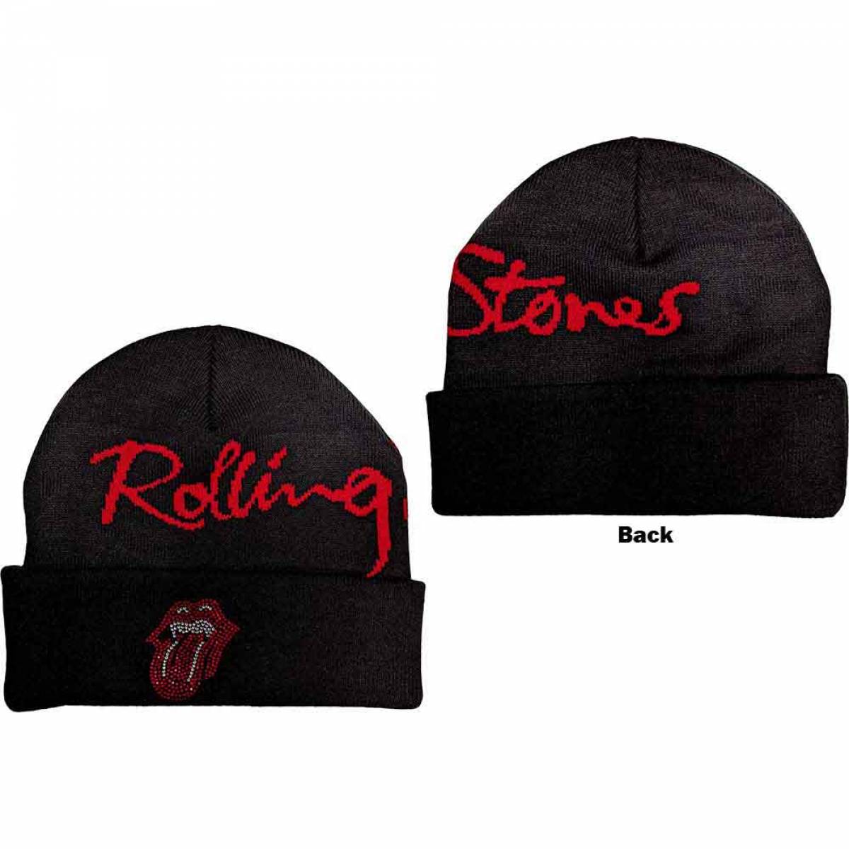 【予約商品】THE ROLLING STONES Unisex Beanie Hat: Embellished Classic Tongue (Black) (Back Print) - BLACK
