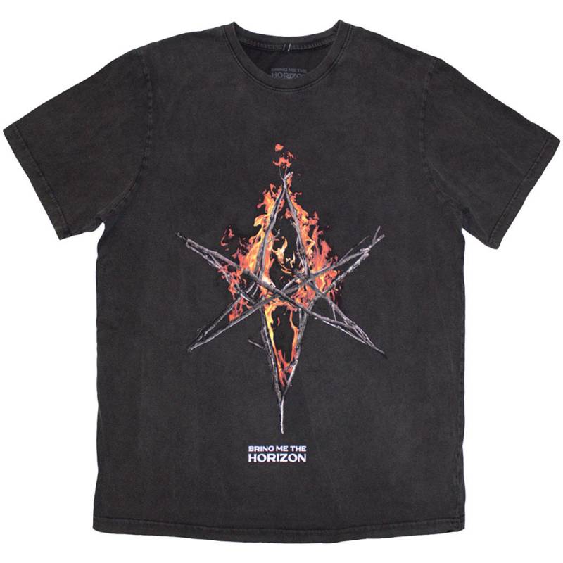 【予約商品】BRING ME THE HORIZON バンドTシャツ ユニセックス: Flame Hex & Text Logo (Grey Wash) (Wash Collection)