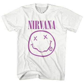 【予約商品】NIRVANA バンドTシャツ ユニセックス: Purple Happy Face (White) - WHITE