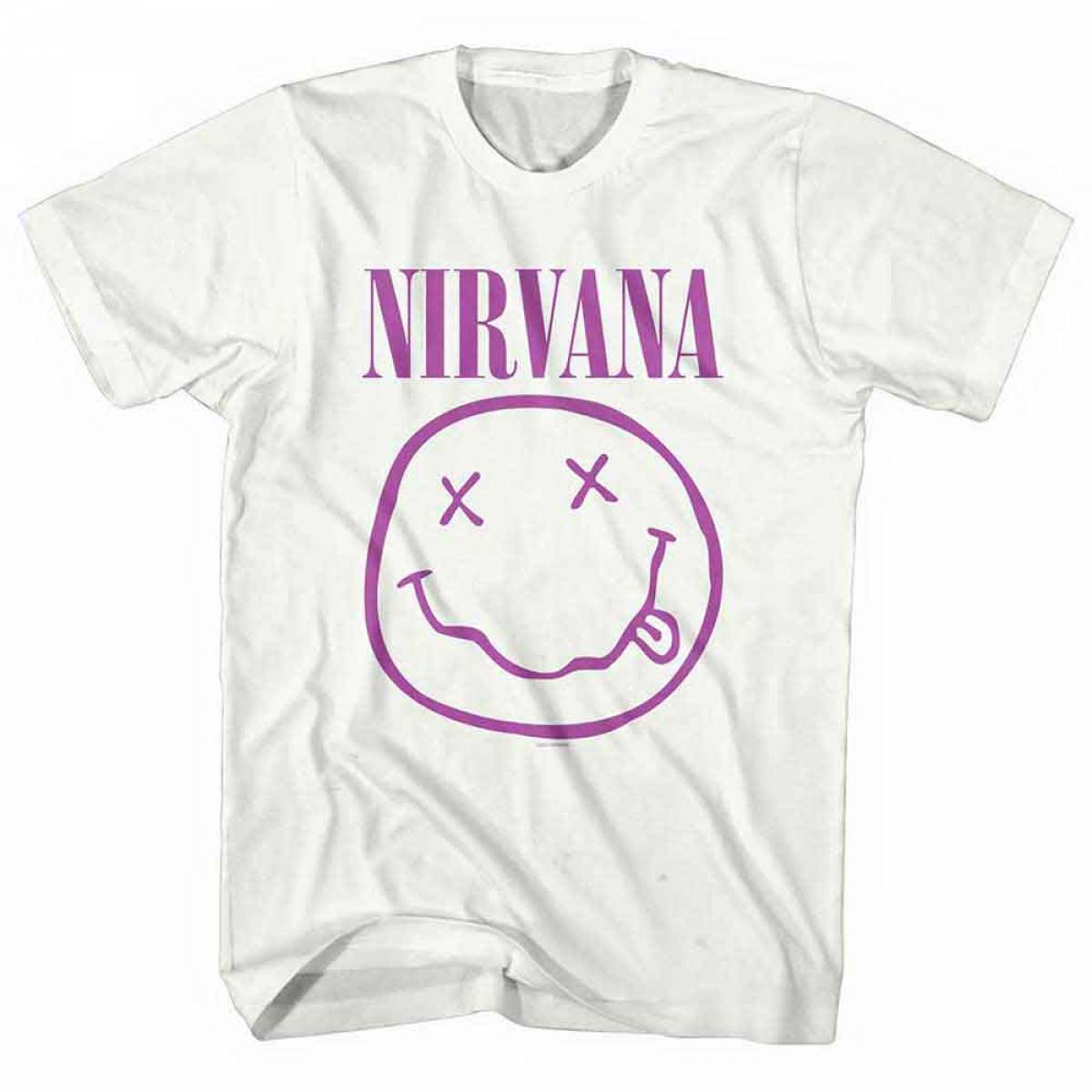 【予約商品】NIRVANA バンドTシャツ ユニセックス: Purple Happy Face (White) - WHITE