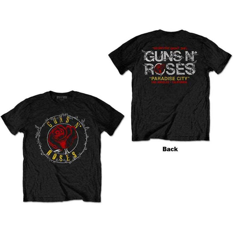 【予約商品】GUNS N' ROSES バンドTシャツ ユニセックス: Rose Circle Paradise City (Black) (Back Print)
