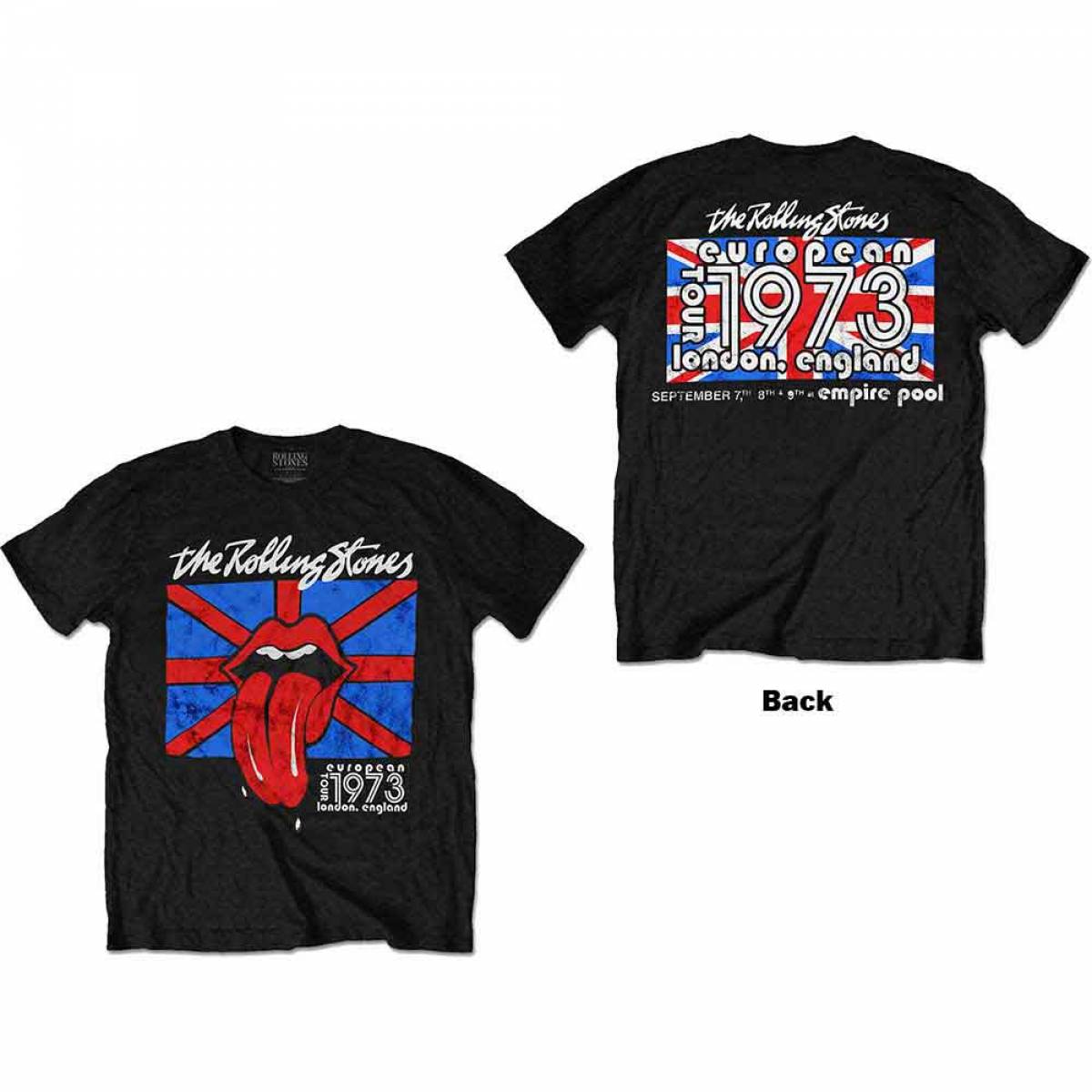 【予約商品】THE ROLLING STONES バンドTシャツ ユニセックス: London European '73 (Black) (Back Print) - BLACK