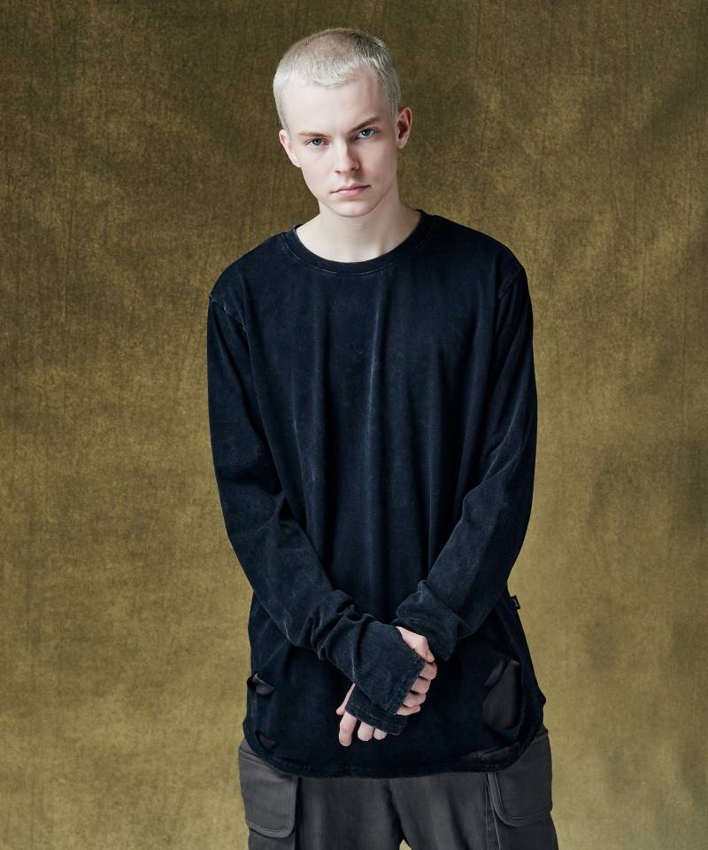 【予約商品】glamb(グラム) Damage Cutsew / ダメージカットソー - Black