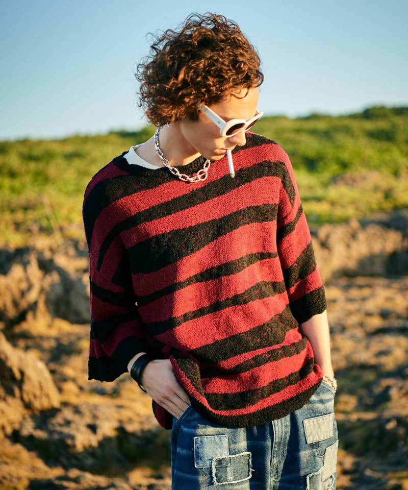 【予約商品】glamb(グラム) Random Border Summer Knit / ランダムボーダーサマーニット - Red