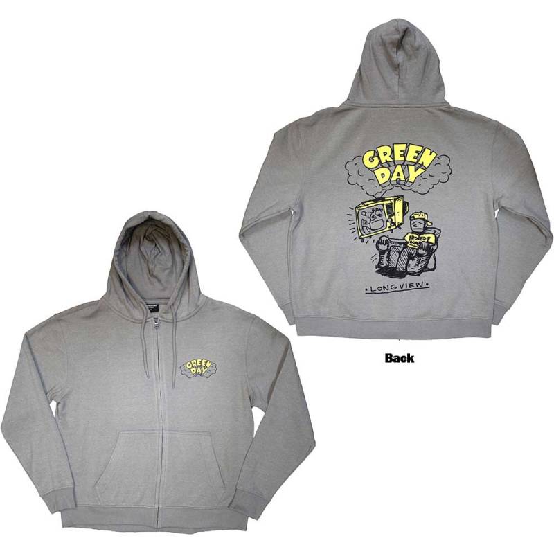 【予約商品】GREEN DAY Unisex Zipped Hoodie: Longview Doodle (Grey) (Back Print) - GREY