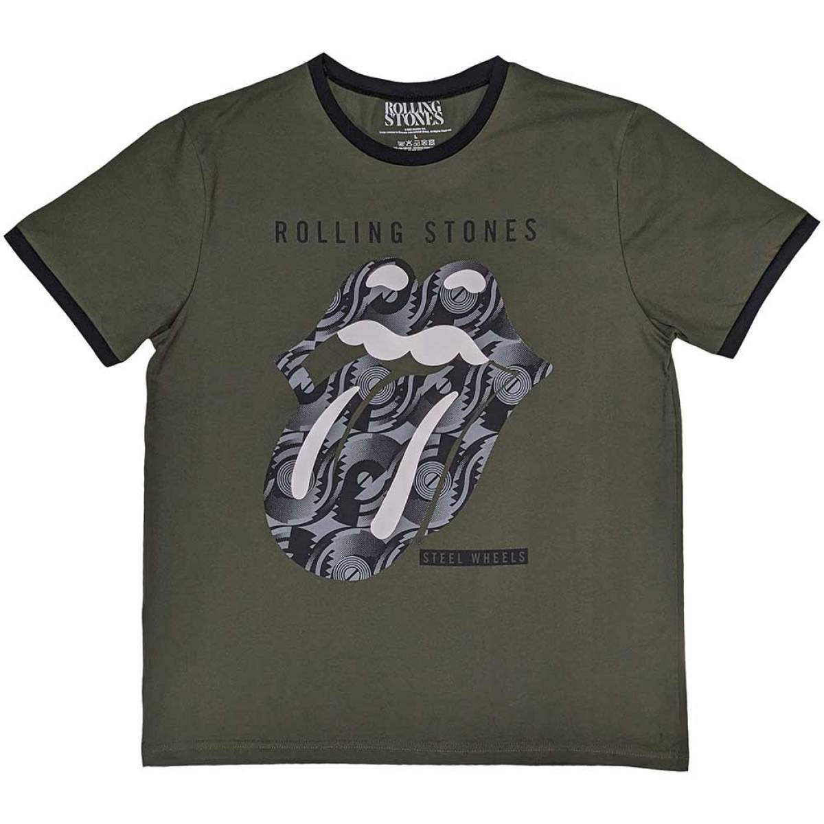【予約商品】THE ROLLING STONES Unisex Ringer バンドTシャツ: Black & White Tongue (Khaki Green) - KHAKI GREEN
