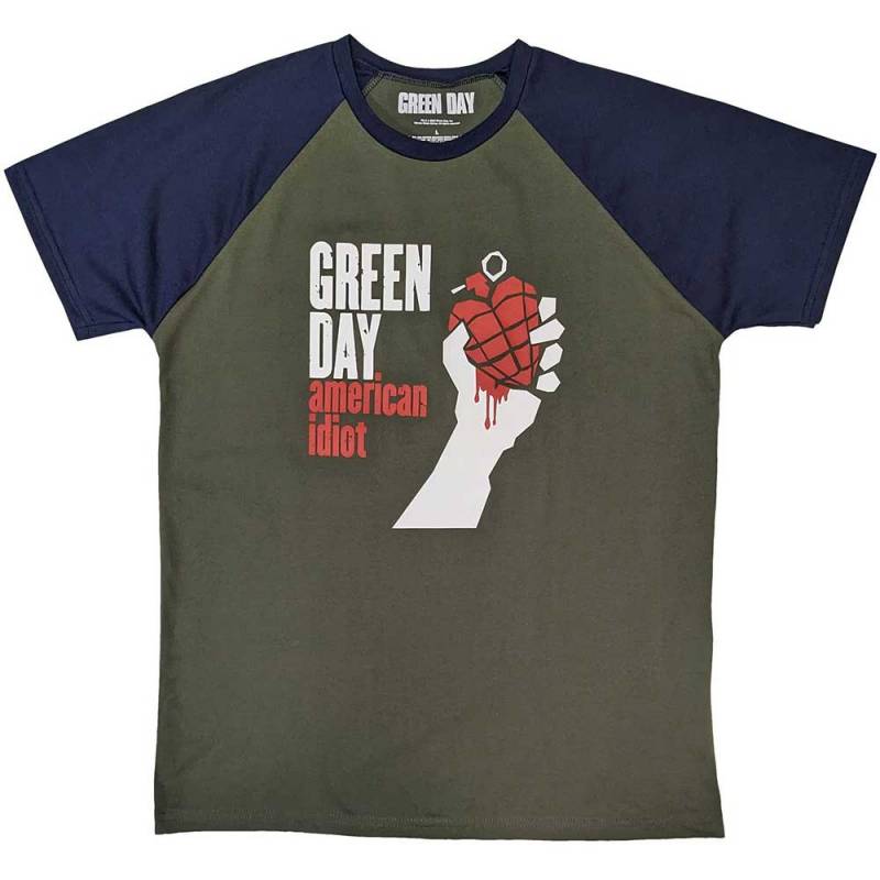 【予約商品】GREEN DAY Unisex Raglan バンドTシャツ: American Idiot (Khaki Green & Navy Blue)