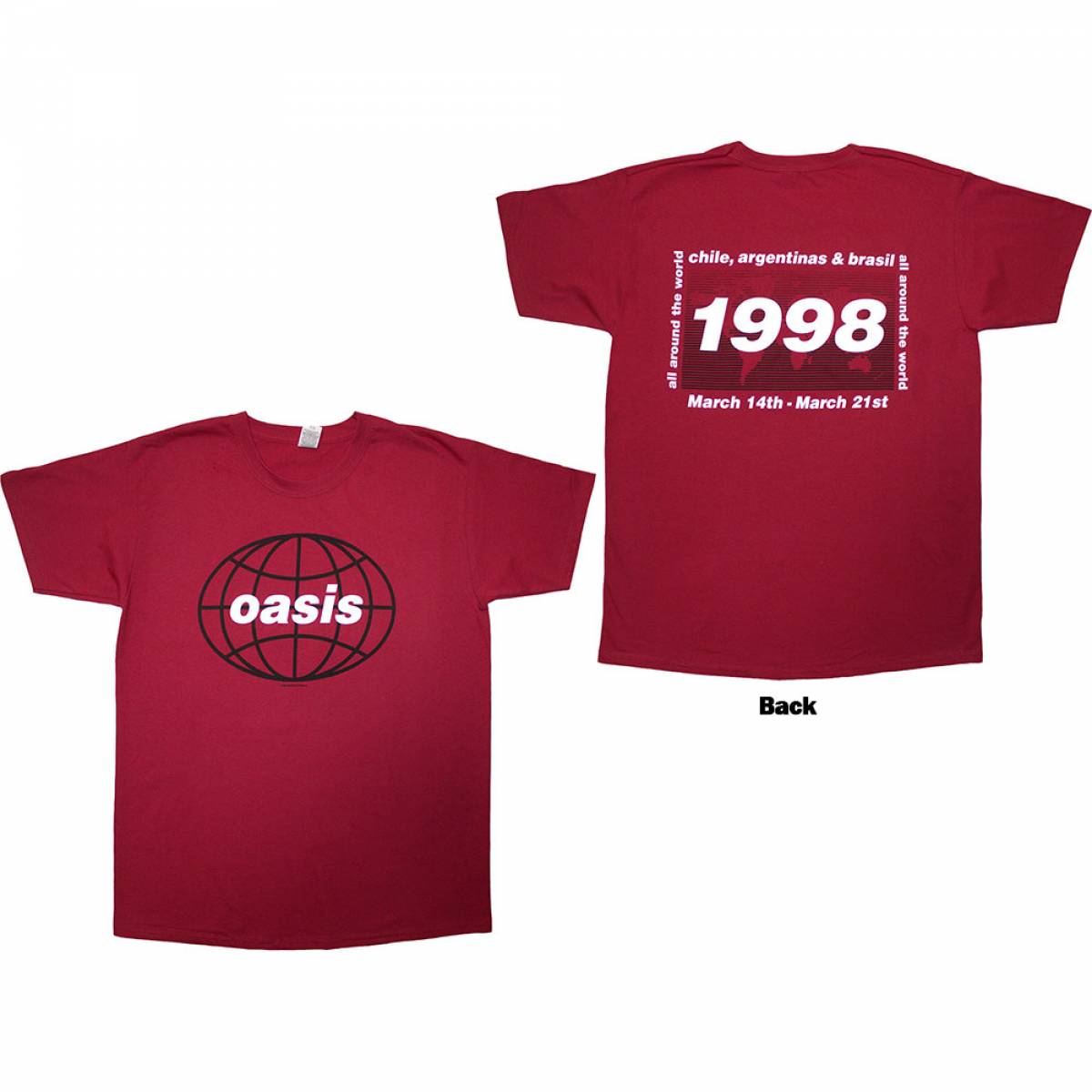 【予約商品】OASIS バンドTシャツ ユニセックス: 1998 World Tour - South America (Red) (Back Print) - RED