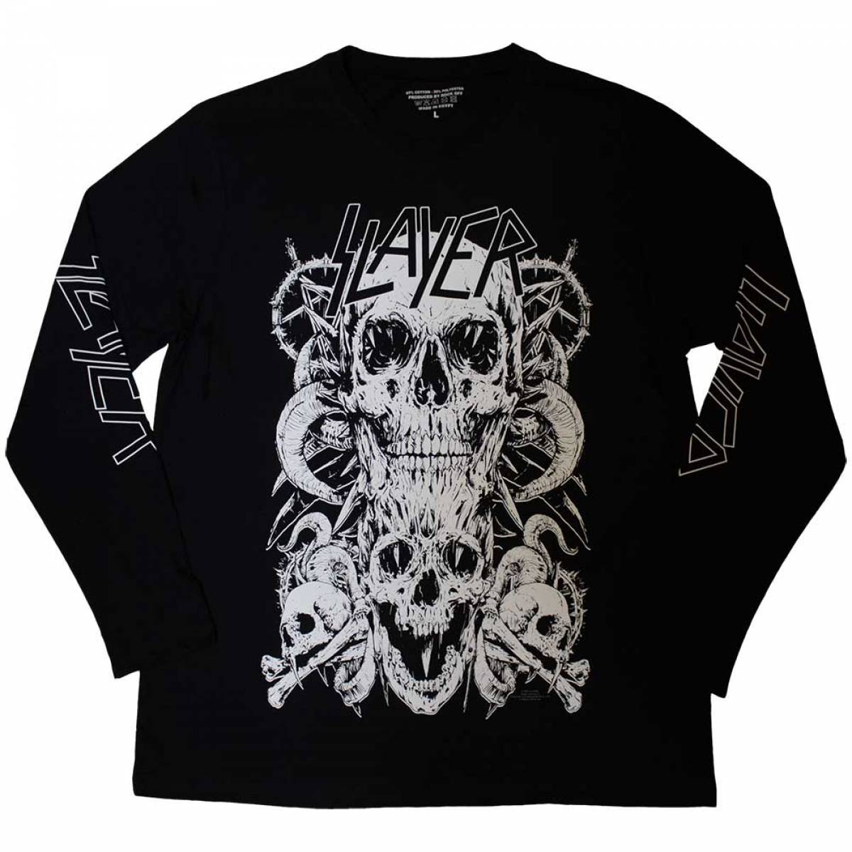 【予約商品】SLAYER Unisex Long Sleeve バンドTシャツ: White Skulls (Black) (Sleeve Print) - BLACK
