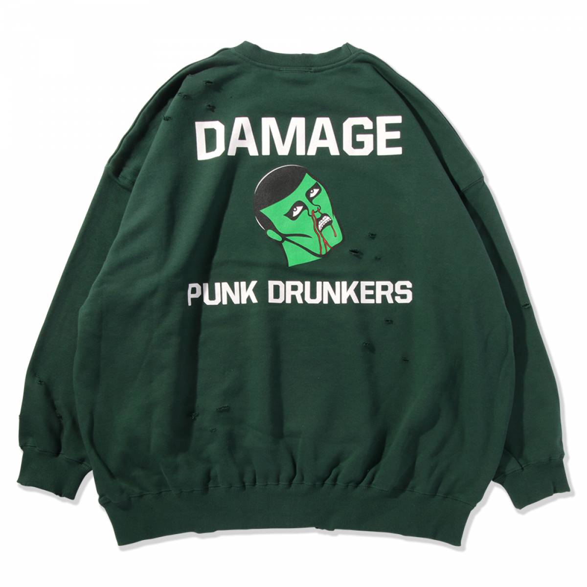 【予約商品】PUNK DRUNKERS(パンクドランカーズ)　Wダメージトレーナー - D.GREEN