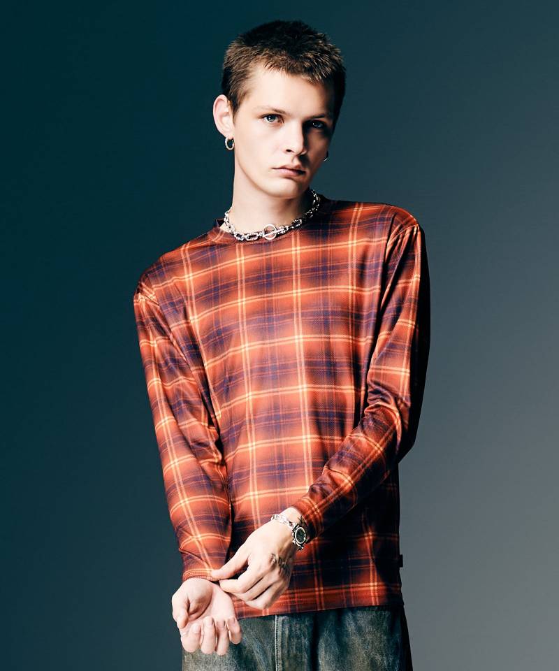 【予約商品】glamb(グラム)Tech Mesh Check Cutsew / テックメッシュチェックカットソー - Red