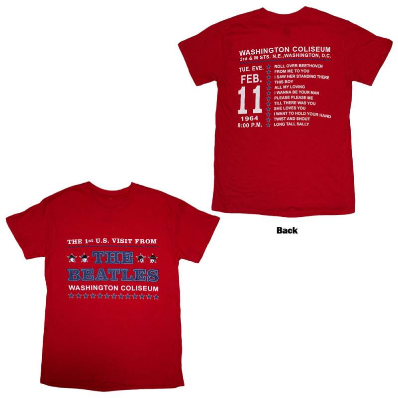 【予約商品】THE BEATLES バンドTシャツ ユニセックス: Washington '64 Stars Setlist (Red) (Back Print)