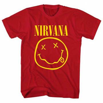 【予約商品】NIRVANA バンドTシャツ ユニセックス: Yellow Happy Face (Red) - RED