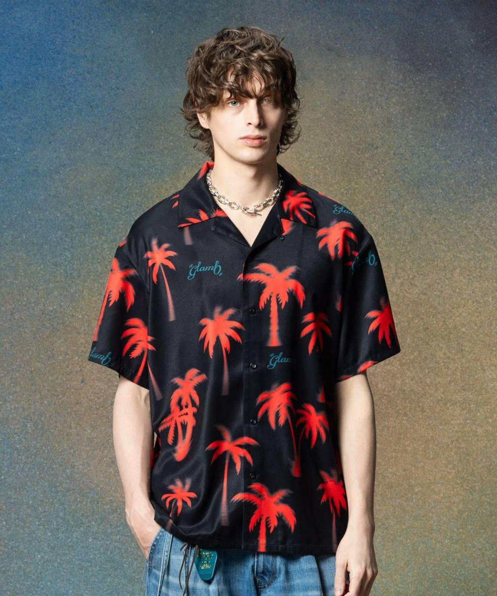 【予約商品】glamb(グラム)GB0225/SH01 : Palm Aloha Shirt / パームアロハシャツ - Black