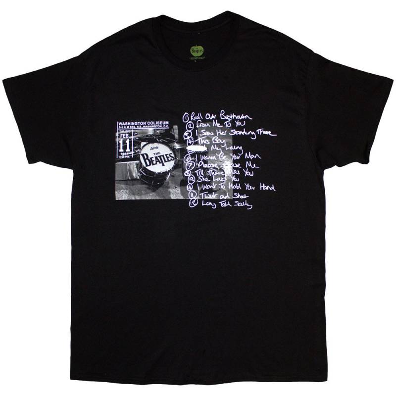 【予約商品】THE BEATLES バンドTシャツ ユニセックス: Washington '64 Drum Photo & Setlist (Black)