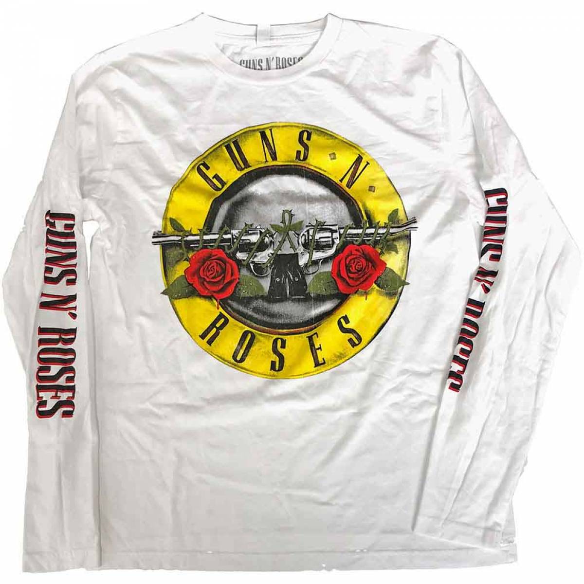 【予約商品】GUNS N' ROSES Unisex Long Sleeve バンドTシャツ: Classic Logo (White) (Sleeve Print) (Small) - WHITE