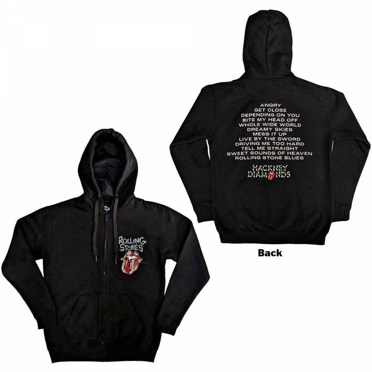 【予約商品】THE ROLLING STONES Unisex Zipped Hoodie: Hackney Diamonds Tracklist (Black) (Back Print) - BLACK