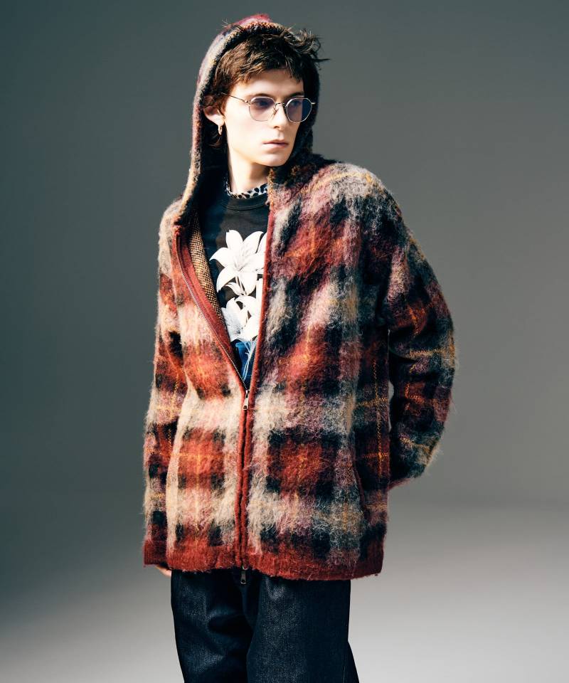 【予約商品】glamb(グラム)Check Knit Hoodie / チェックニットフーディー - Red