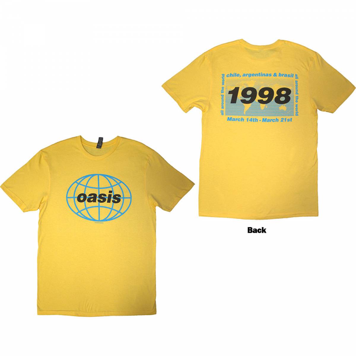 【予約商品】OASIS バンドTシャツ ユニセックス: 1998 World Tour - South America (Yellow) (Back Print) - YELLOW
